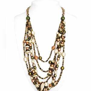 Multi-Strand Beaded Necklace with Pearls & Earth Tones glass beads boho earthy